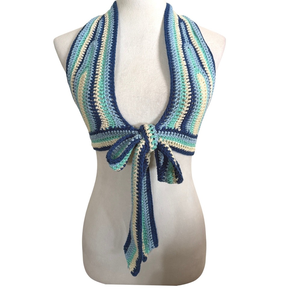 New White Fox Crochet Halter Crop‎ Top S/M NWT Stripes Festival Beach Summer